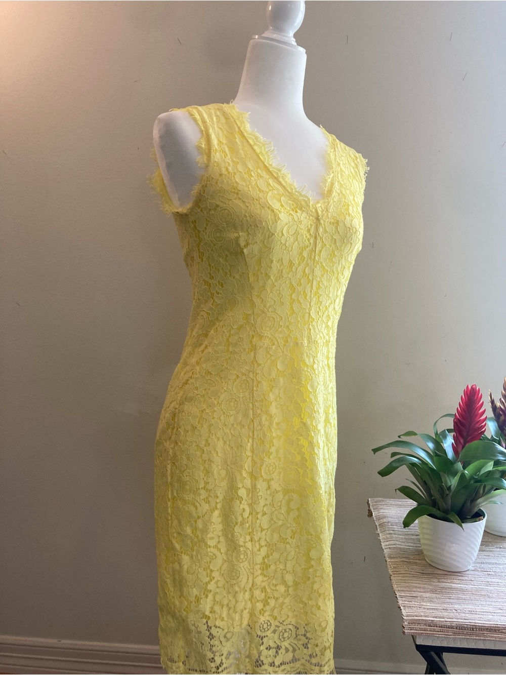 Zara Lemon Lace V-Neck Midi Dress